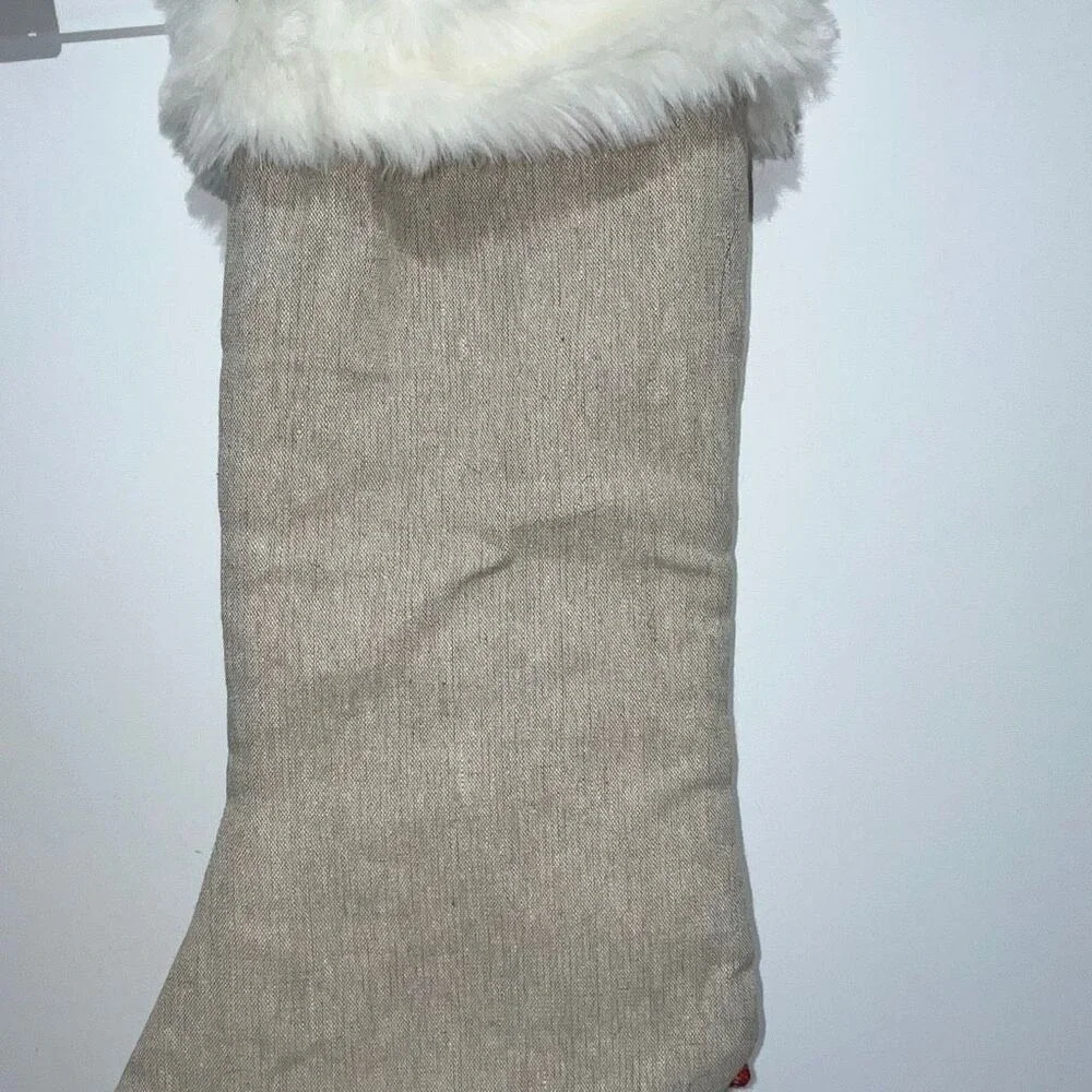 Ridgefield Home Beige White Reindeer Faux Fur Trim Holiday Christmas Stocking